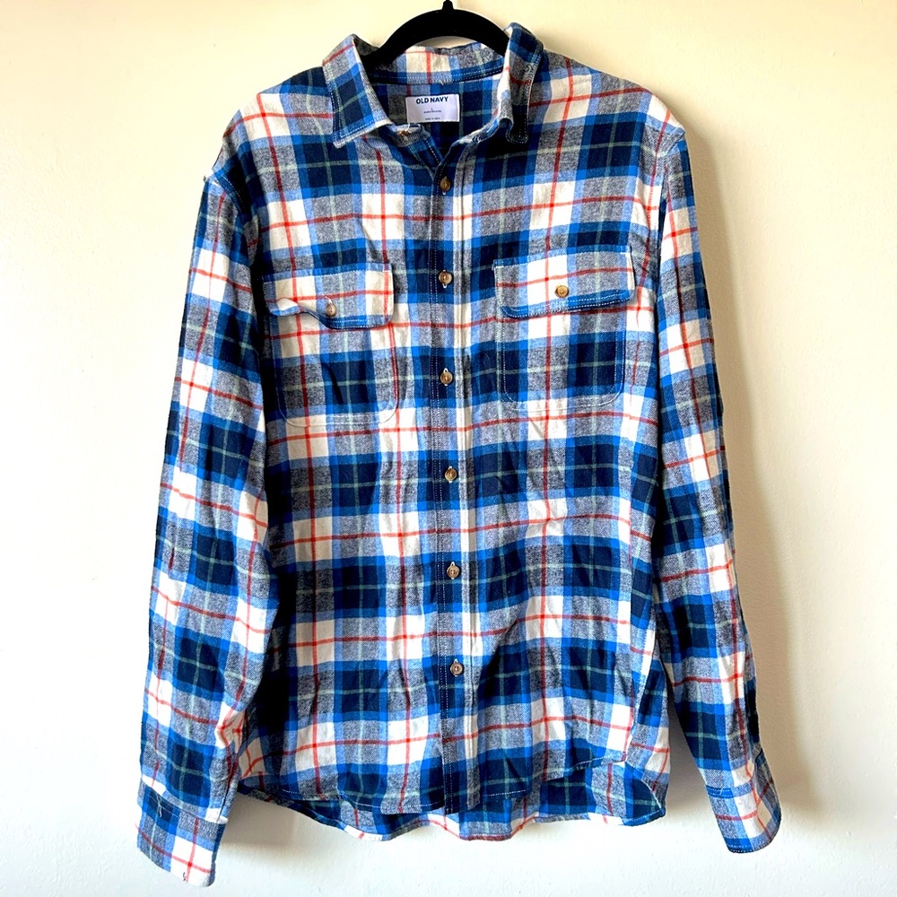 NWOT Old Navy Men Large Blue White 100% Cotton Flannel Button Down Shirt Gingham
